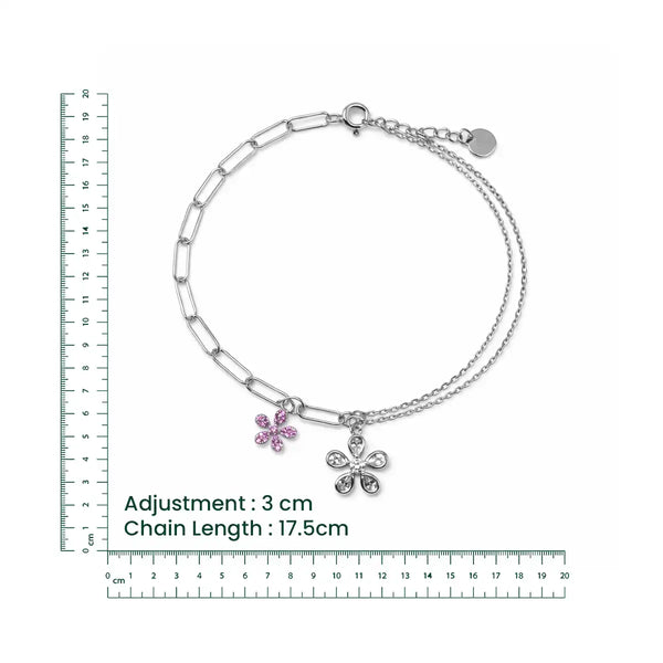 Silver Dual-Chain Floral Charm Bracelet