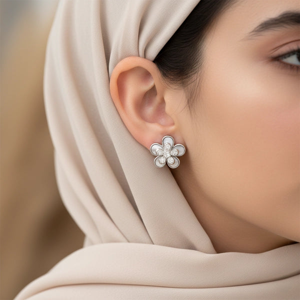 Silver Petal Charm Stud Earrings
