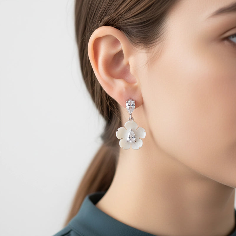 Ivory Bloom Silver Pendant & Drop Earrings Combo