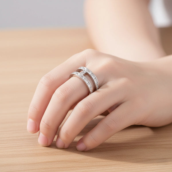 Silver Dual Band Baguette Ring