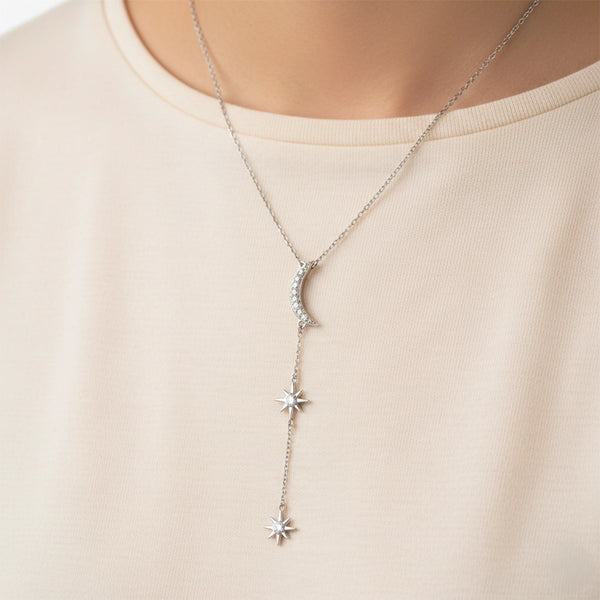 Silver Moon & Star Drop Charm Necklace