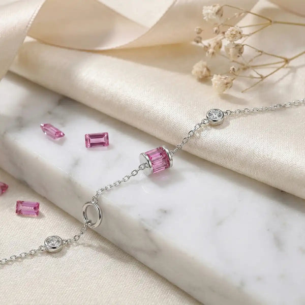 Silver Pink Crystal Charm Bracelet