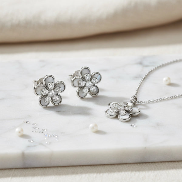Silver Blossom Pendant & Stud Combo