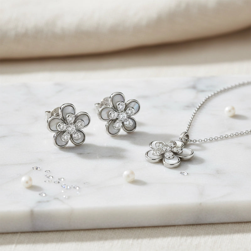Silver Blossom Pendant & Stud Combo