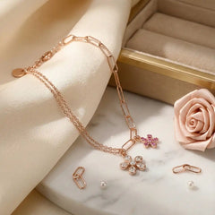 Rose Gold Dual-Chain Floral Charm Bracelet