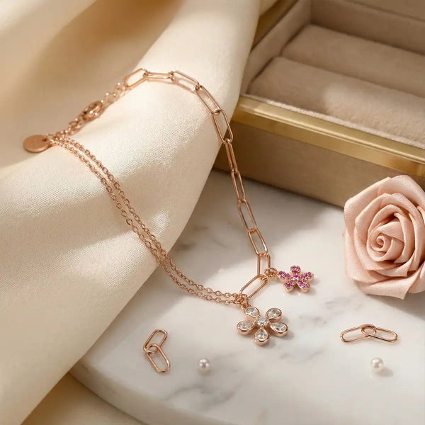 Rose Gold Dual-Chain Floral Charm Bracelet