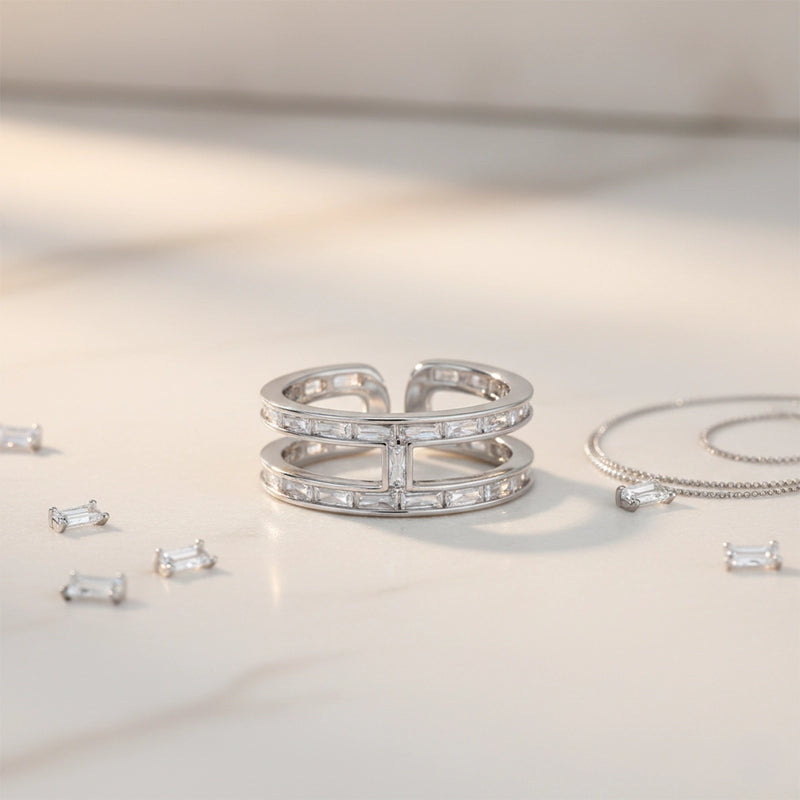 Silver Dual Band Baguette Ring
