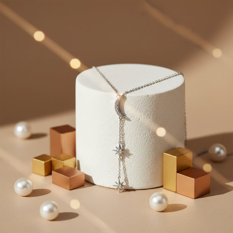 Silver Moon & Star Drop Charm Necklace