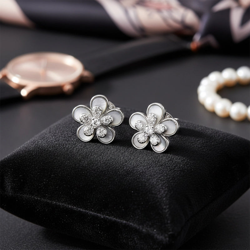 Silver Petal Charm Stud Earrings