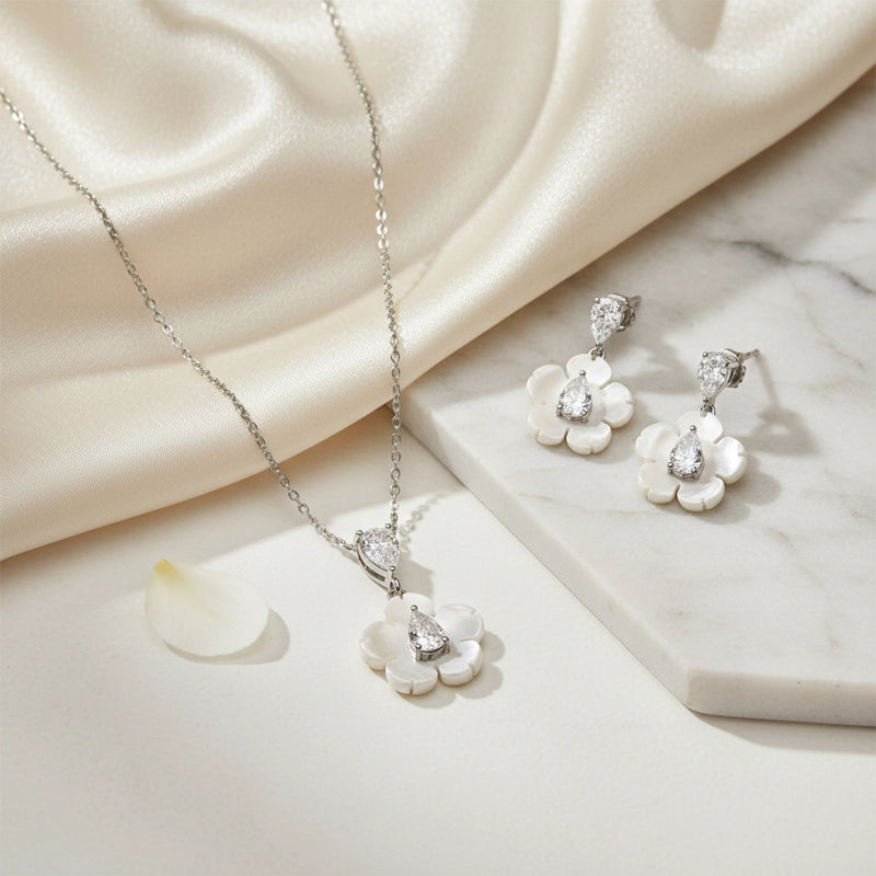 Ivory Bloom Silver Pendant & Drop Earrings Combo