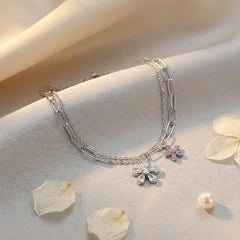 Silver Dual-Chain Floral Charm Bracelet