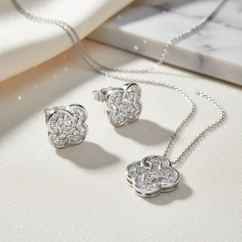 Silver Clover Spark Pendant & Stud Combo