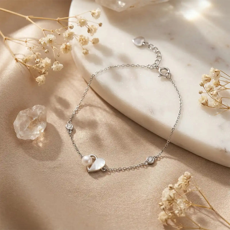 Silver Heart Pearl Bracelet