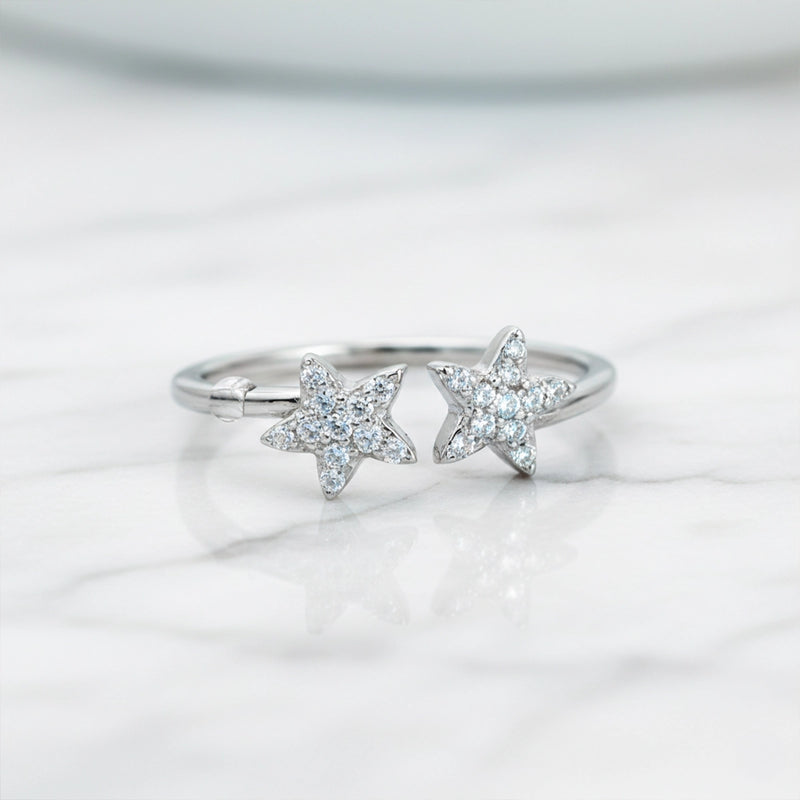 Twin Star Crystal Silver Ring