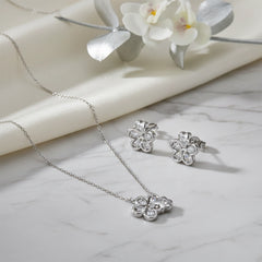 Floral Sparkle Silver Pendant & Stud Combo