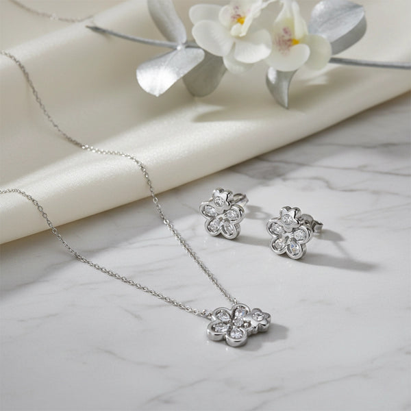 Floral Sparkle Silver Pendant & Stud Combo