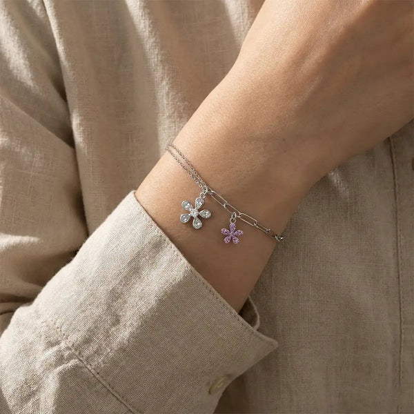 Silver Dual-Chain Floral Charm Bracelet