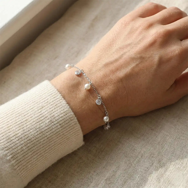 Silver Pearl & Crystal Charm Bracelet