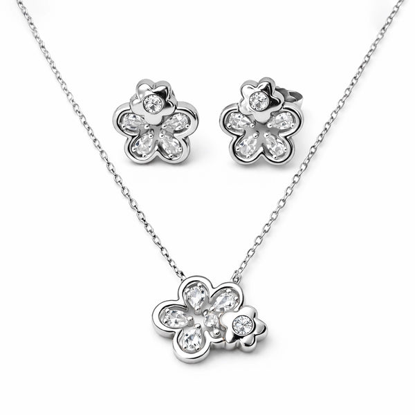 Floral Sparkle Silver Pendant & Stud Combo