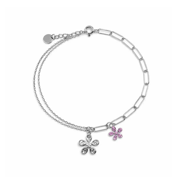 Silver Dual-Chain Floral Charm Bracelet