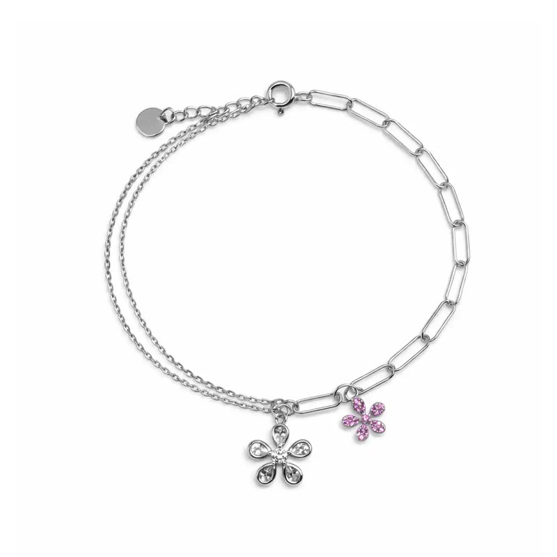 Silver Dual-Chain Floral Charm Bracelet