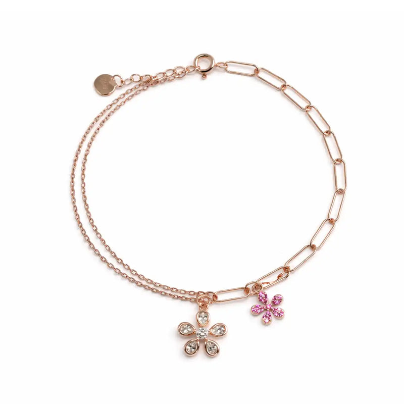 Rose Gold Dual-Chain Floral Charm Bracelet